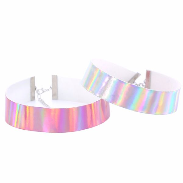 

trendy holographic choker necklace women 2020 new pu leather chocker handmade laser chocker rainbow punk gothic necklace, Golden;silver
