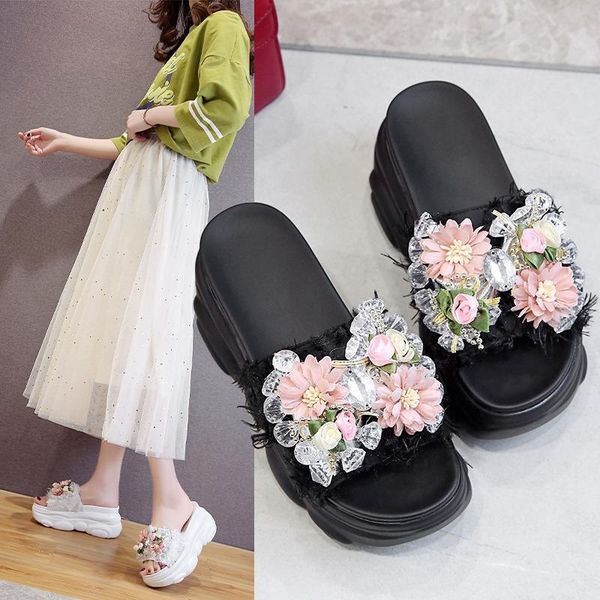 

brand flower women sandals summer leather flat women's slippers increased casual beach shoes zapatillas mujer, Black