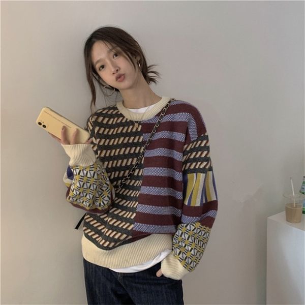

retro contrast color irregular loose sweater autumn and winter women's long-sleeved versatile knitted uk403 210507, White;black