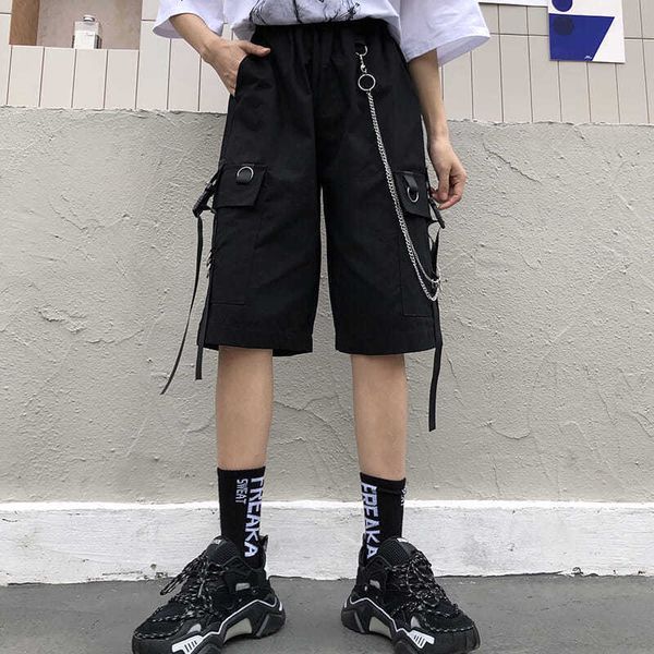 

women's shorts streetwear womens ribbons high waist short harajuku 2021 summer black wide leg cargo female solid trousers 8bhl, White;black
