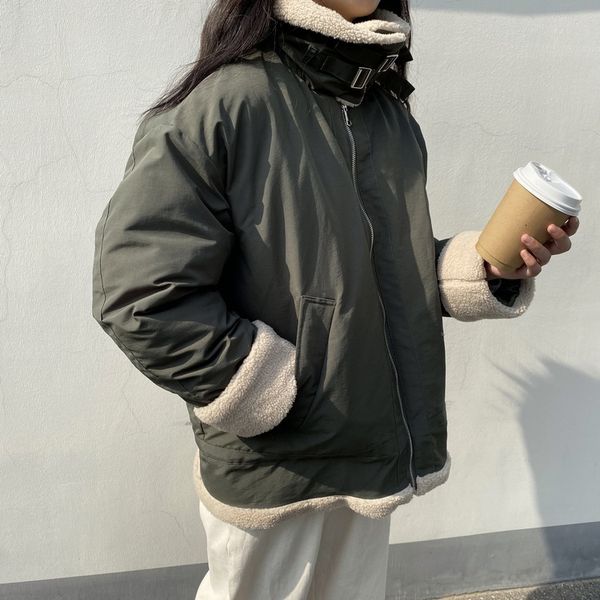 

down ladies winter lamb wool female short loose cotton bread jacket, Black