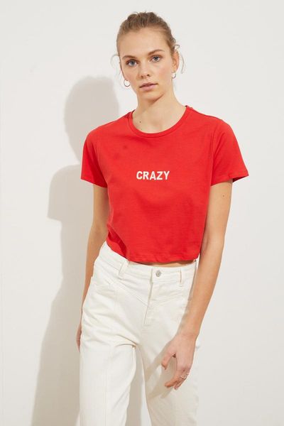 

trendyol embroidered crop knitted t-shirt twoss21ts1147 women's, White