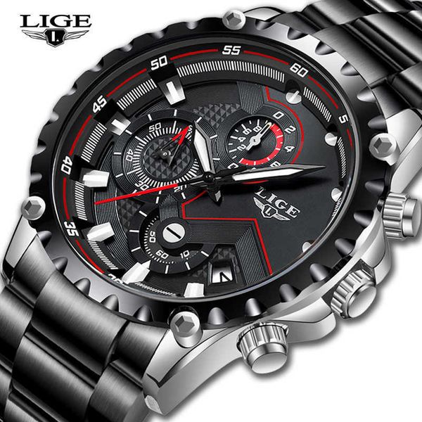 

lige brand luxury mens fashion watch men sport waterproof quartz watches men all steel army military watch relogio masculino 210527, Slivery;brown