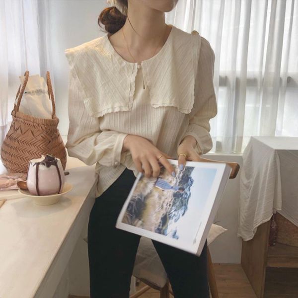 

women's blouses & shirts women peter-pan collar spring solid all-match elegant long-sleeve loose outerwear sweet lovely girls chic vint, White