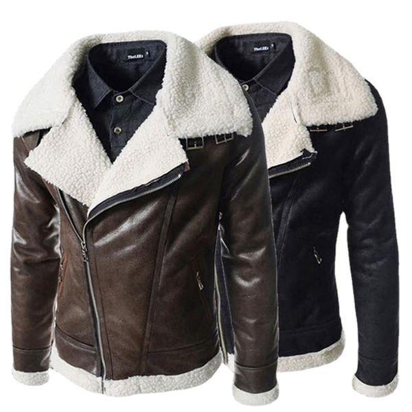 

autumn winter mens pu leather coats lambs wool fashion faux fur coat slim fit male casual biker jackets for men 5xl, Black