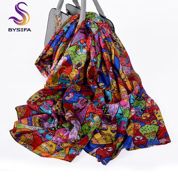 [BYSIFA] Echt Seidenschal 2019 Cartoon Cats Design Foulard Femme Lange Schals Frühlingsfall Damen Hijab Scarfs Sommer Strandschal