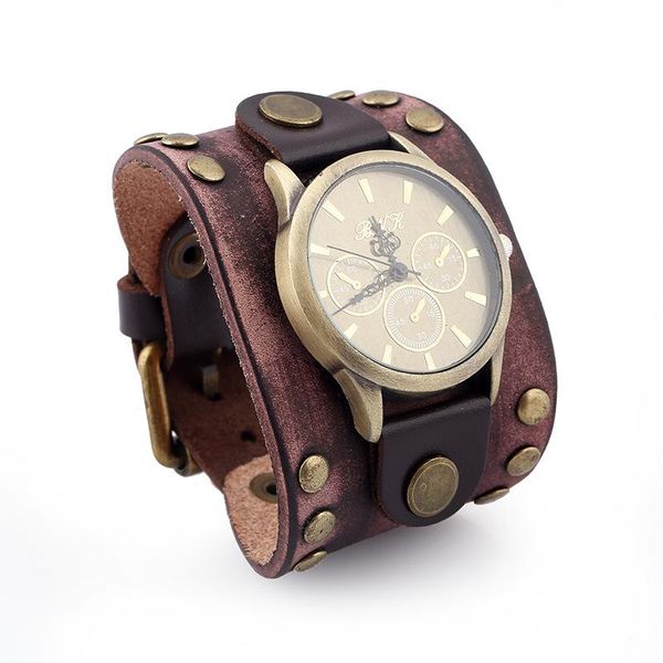 

wristwatches retro men watches relojes trend style decoration wristwatch male punk rock brown big wide leather bracelet cuff watch, Slivery;brown