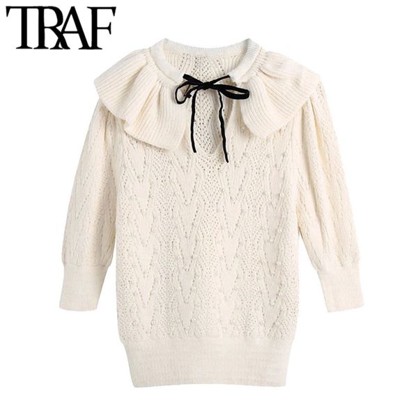 

traf women fashion with faux pearls knitted sweater vintage bow tie o neck puff sleeve female pullovers chic 210415, White;black