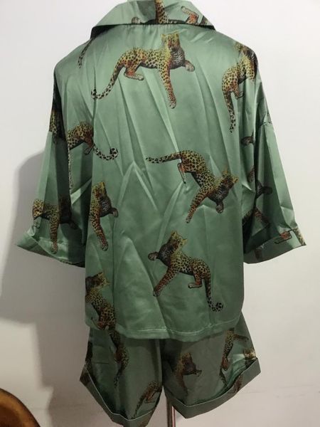 

women's tracksuits animal leopard satin short shirt pajama suits elastic waist wide leg shorts women loose sleeve blouse 2 pieces set, Gray