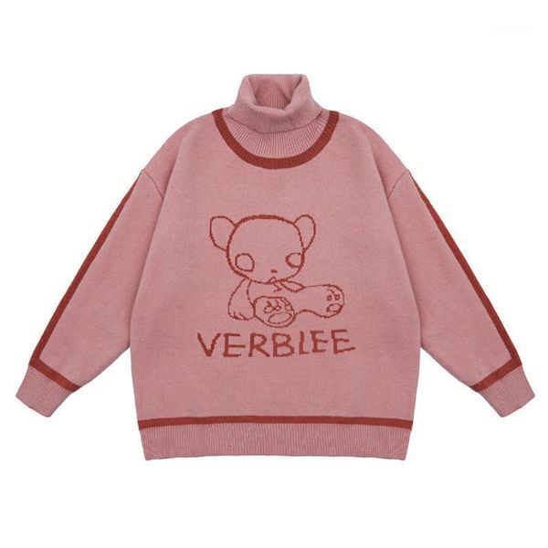 

women's sweaters turtleneck knitted women hip hop streetwear patchwork bear printed pullover sweater oversize men clothing1 2ugl, White;black