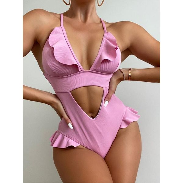 

one-piece suits ruffled hollow out swimsuit vintage one piece push up solid swimwear deep v-neck women monokini padded bathing beachwear
