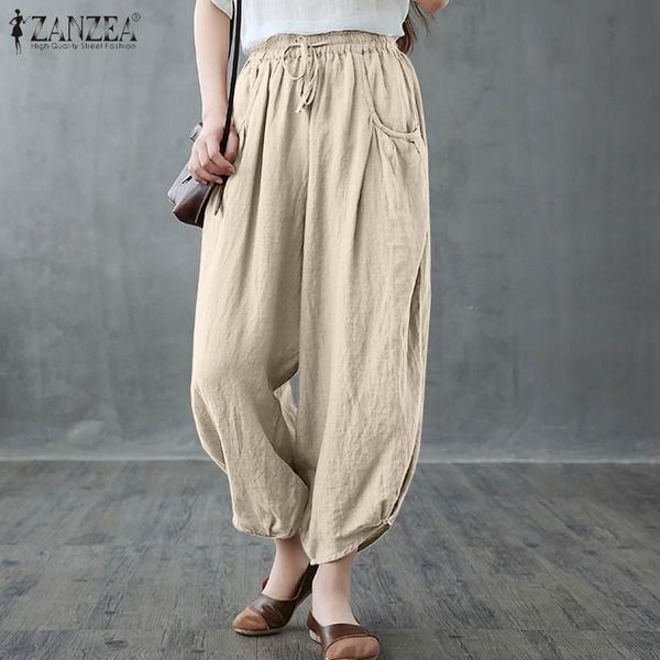 

women's pants & capris 2021 women wide leg zanzea female slacks summer ladies drawstring long trousers casual solid elastic waist overs, Black;white