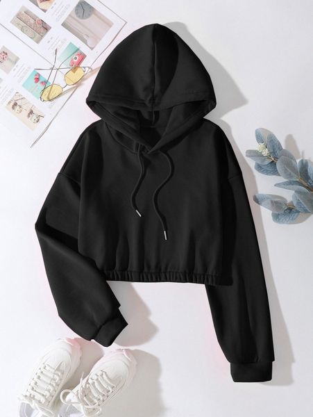 

elastic hem drawstring thermal crop hoodie g4mm#, White;black