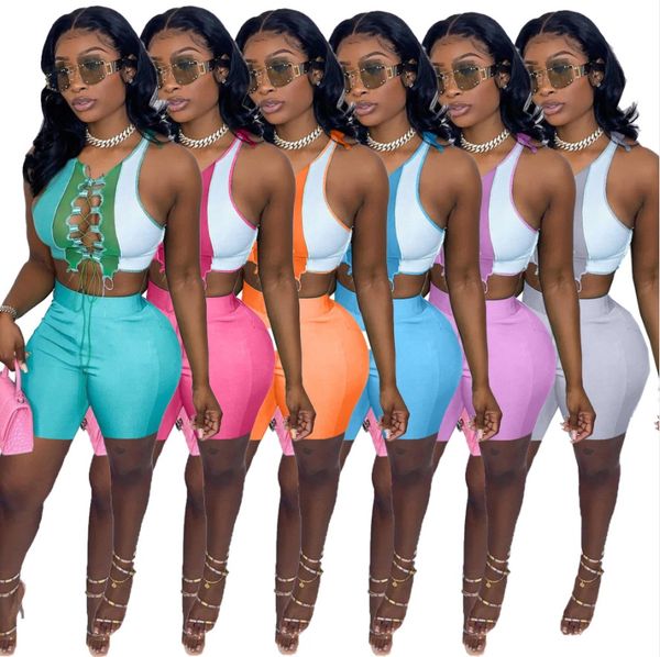 

summer women's tracksuits short outfits fashion contrast color stitching straps hollow tow pieces set slim-fit shirt shorts women sport, Gray