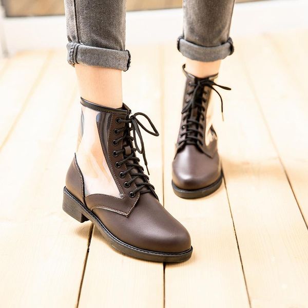 

boots fashion leisure mixed colors women round toe med hoof heels punk motorcycle cross-tied ankle lace up shoes, Black