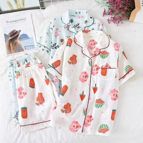 

japanese spring womens sleepwears and summer pajamas ladies 100% cotton gauze thin section loose korean version of home short sleeve, Black;red