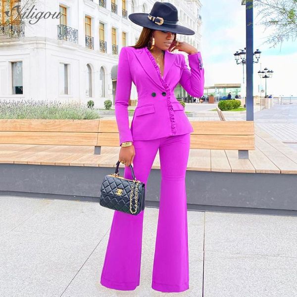 

ailigou office ladies women's wide leg pants suit fuchsia business double-breasted button two-piece formal two piece, White