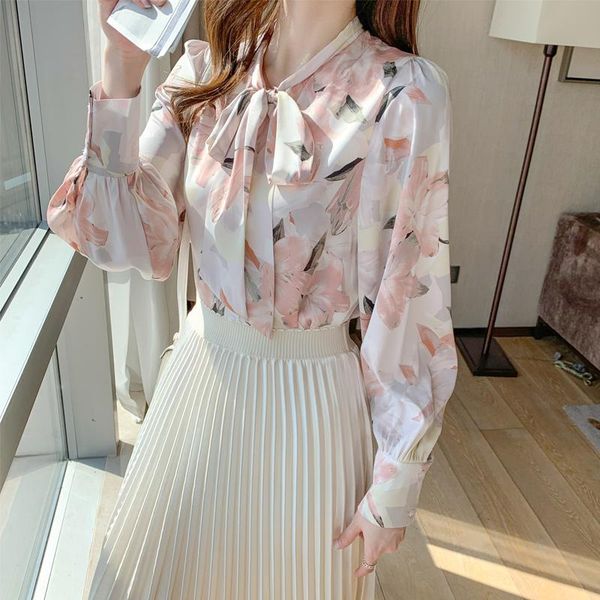 

women's blouses & shirts women blouse print floral long sleeve womens lace up bow fashion for 2021 fall basic shirt ol woman clothing, White