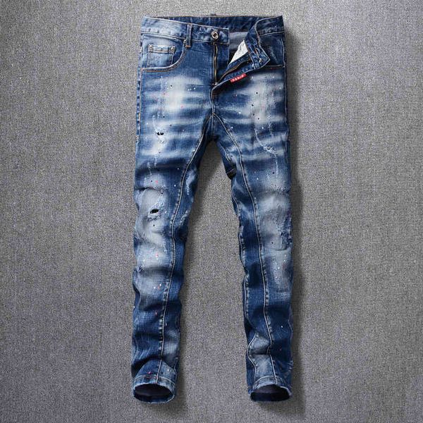 

jeans italian style fashion men jeans retro blue elastic slim fit ripped denim cotton pants streetwear hip hop trousers