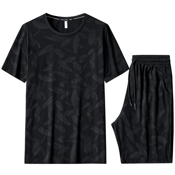 

hoodies summer black print ice silk tracksuit men short sleeve t-shirts+shorts 2 piece men's sets sportswear jogging sweat suits 5xl