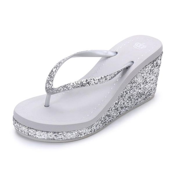 

slippers perfect for a chic summer look glitter strap and side part women wedge flip flops, Black