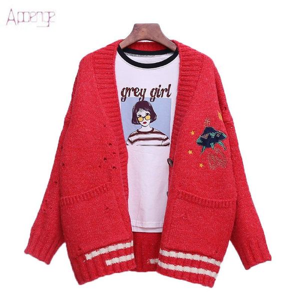 

women's sweaters 2021 autumn fashion sweater loose casual long-sleeved knitted cardigan v-neck embroidery knit jacket lp132, White;black