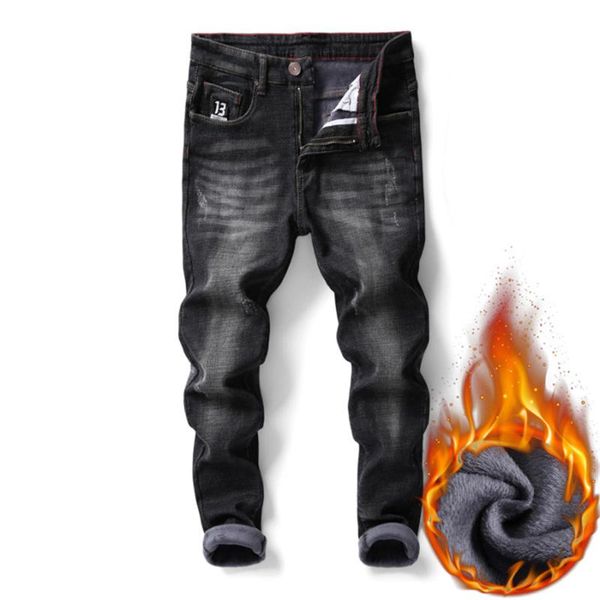 

men's jeans winter plus fleece warm for men velvet thick slim fit denim pants casual washed male straight cotton cowboys trousers, Blue