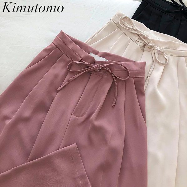

kimutomo chic solid pants 2021 spring fashion korean style female high-waisted bow lace up wide leg elegant casual women's & capris, Black;white
