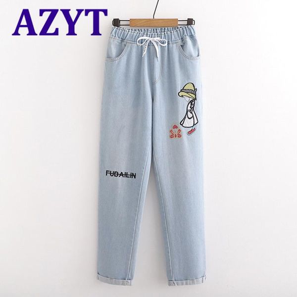 

spring cartoon embroidery jeans pant's women casual streetwear denim trousers female women's, Blue