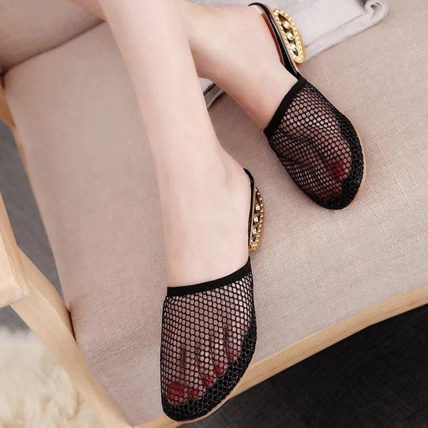 

slippers baotou women's summer middle heel fashion outer wear simple spot lazy sandals hollow breathable mesh shoes, Black