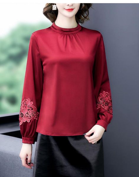 

women's blouses & shirts spring women fashion loose stand collar lantern sleeve faux silk casual blouse female trendy color embroidery, White