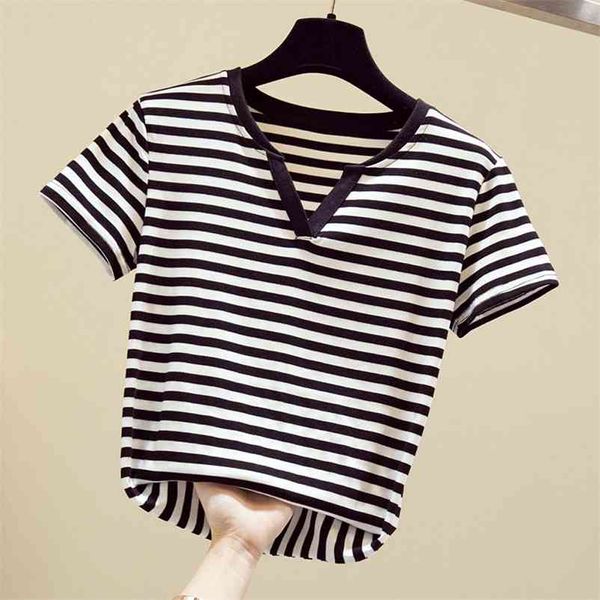 Tops sommer Simple Simple Striped T-Shirt Frauen Baumwolle Übergroße V-Ausschnitt Sticke T-Shirts Harajuku Street lässige weibliche weibliche Kleidung 210330