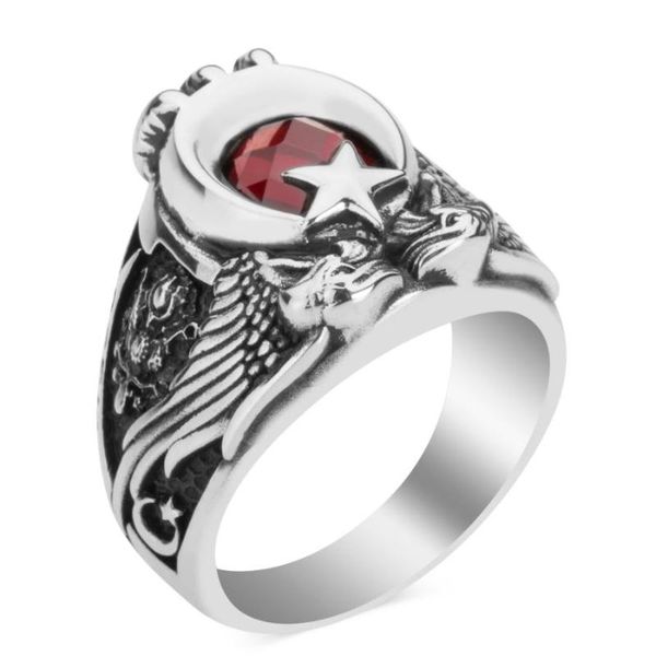 

cluster rings zircon kayi tribal style crescent star motif ring turkish men claw handmade jewelery 925k silver gifts for him, Golden;silver