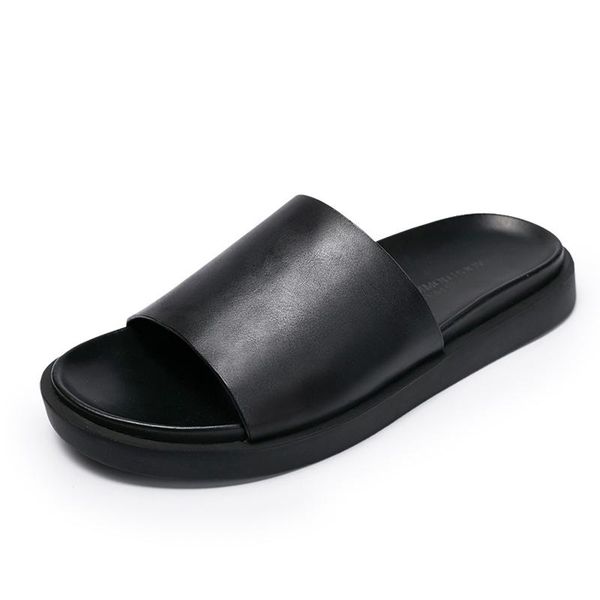 

slippers casual summer genuine leather sandals thick bottomed fender men mens flip flop cowhide, Black