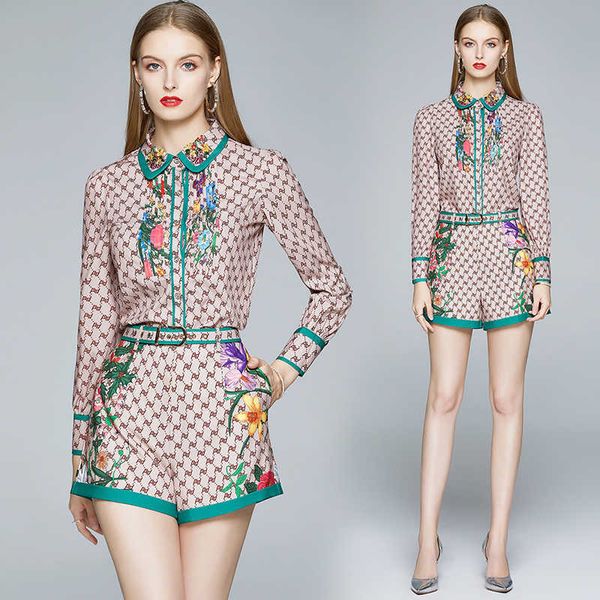 

banulin spring summer fashion runway shorts suit women's letter floral blouse shirt+vintage print mini skirt two pieces set 210708, White
