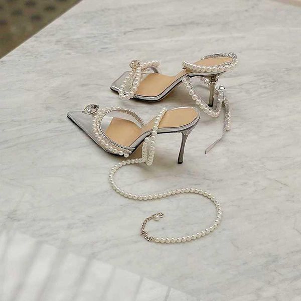 

dress shoes elegant white pearl women sandals ankle strappy clear pvc pumps woman pointed toe rivets stiletto heels crystals, Black
