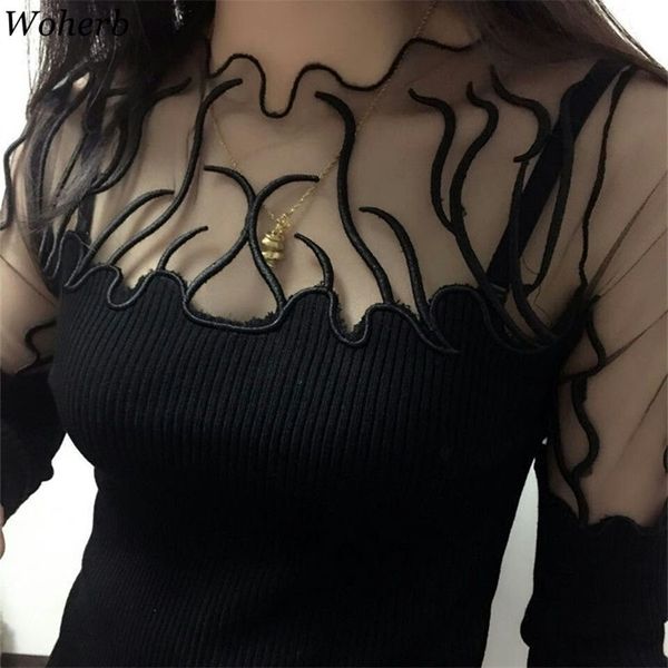 Maglione nero da donna mezzo dolcevita pullover a maniche lunghe patchwork di pizzo trasparente top in maglia sottile moda coreana 90961 210422