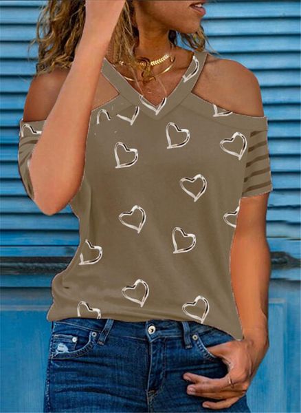 

women's t-shirt 2021 printed v-neck halter short sleeve off shoulder, White