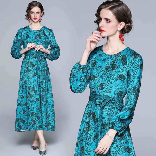 

boutique dress 2021 blue green print court style extended shows thin long sleeve waist closing slim, Black;pink