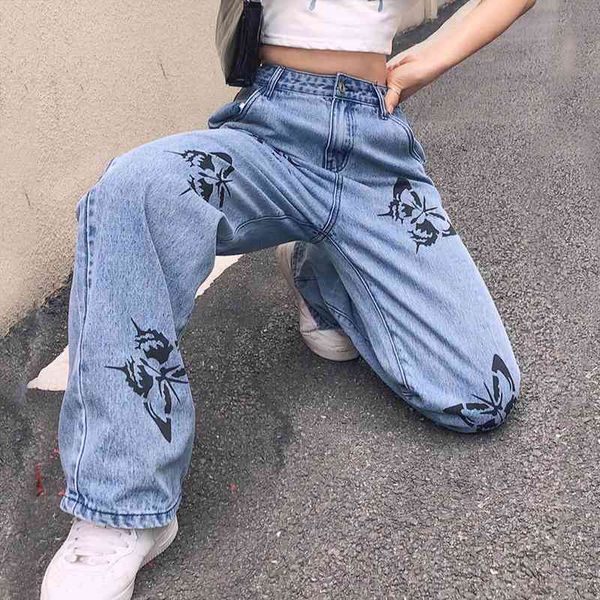 

womens wide-leg pants butterfly printed straight leg pants trousers jeans harajuku streetwear loose joggers baggy trousers, Black;white