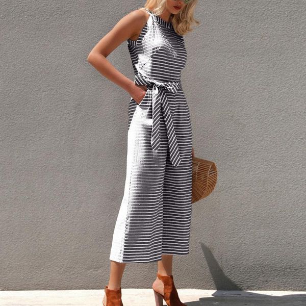

women's jumpsuits & rompers linen casual jumpsuit women daily sleeveless striped office modis loose wide leg pants outfit combinaison f, Black;white