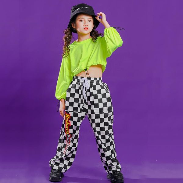 

girls street dance crop plaid pant hip hop kids flare sleeve sweatshirt clothing sets child stage jazz outfits teens costume, White