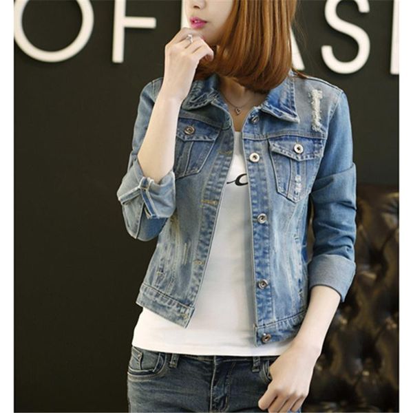 

spring autumn denim jacket women's long sleeve korean short slim ripped hole large size 162 jackets, Black;brown