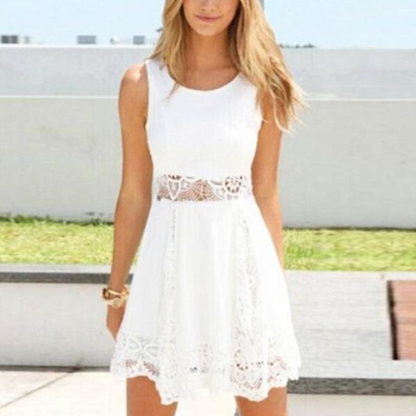 

casual dresses white lace patchwork dress women elegant cute a line sleeveless sukienka retro vintage summer mini round neck, Black;gray