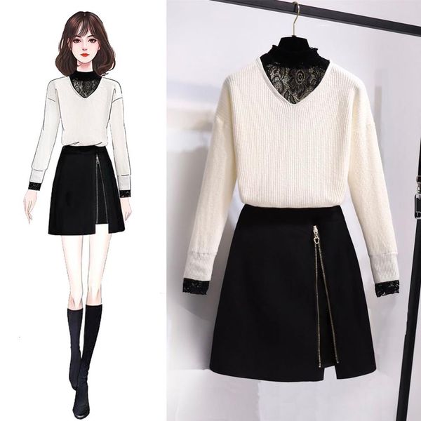 

two piece dress ichoix autumn and winter women lace knitting knitted shirt the line female skirt two-piece suit m7g0, White