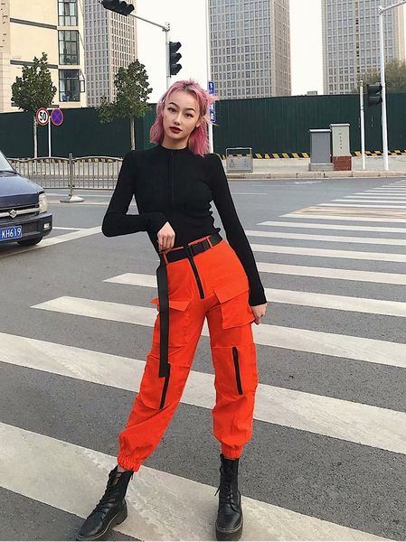 

women's pants & capris women men cargo pant loose hight waist trouser multiple pockets with zipper belt fashion streetwear, Black;white