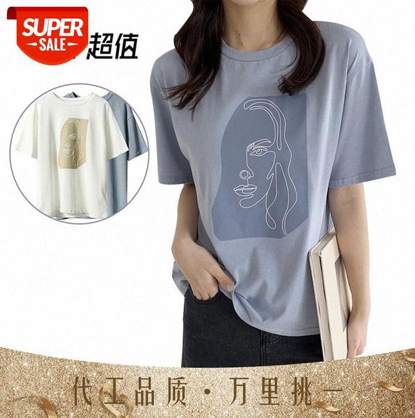 

[ou fan] 7156 abstract printed t-shirt women short-sleeved women's korean round neck #hm7q, Black;gray