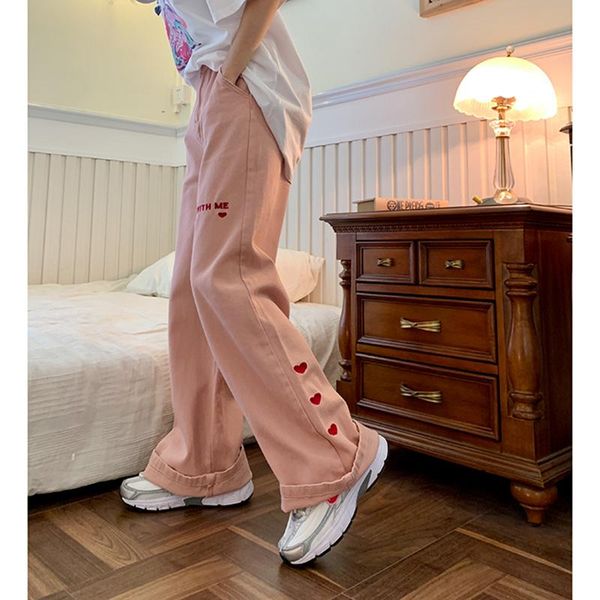 

women's jeans 2021 pink vintage embroidery streetwear high waist wide leg pants baggy harajuku straight mom denim trouser, Blue