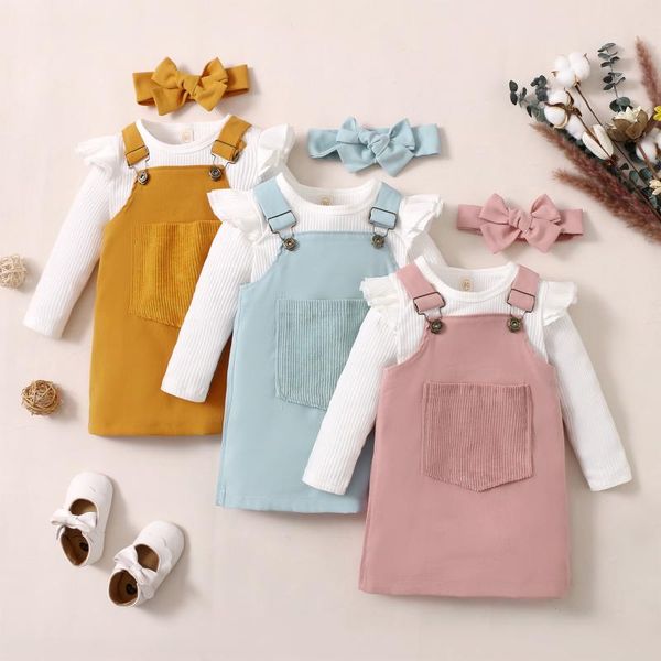 

clothing sets autumn kids baby girls tracksuit solid color ribbed long sleeves t-shirt + overalls dress hairband set 1-5years, White