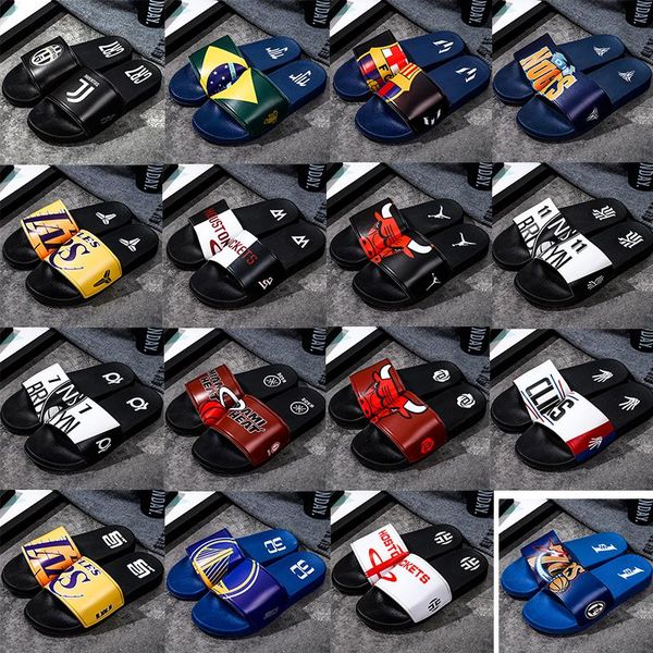 

basketball football star logo sports slippers brand designer color printing mens fasion rubber sandals beach slide non-slip flip flops indoo, Black
